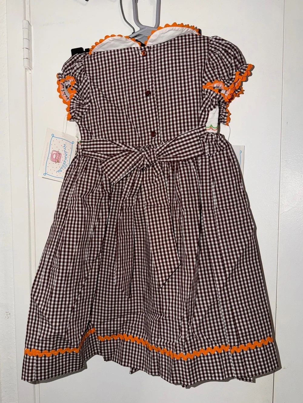 Girls' Brown Gingham Pumpkin Smocked Costume Dress - Orange Trim